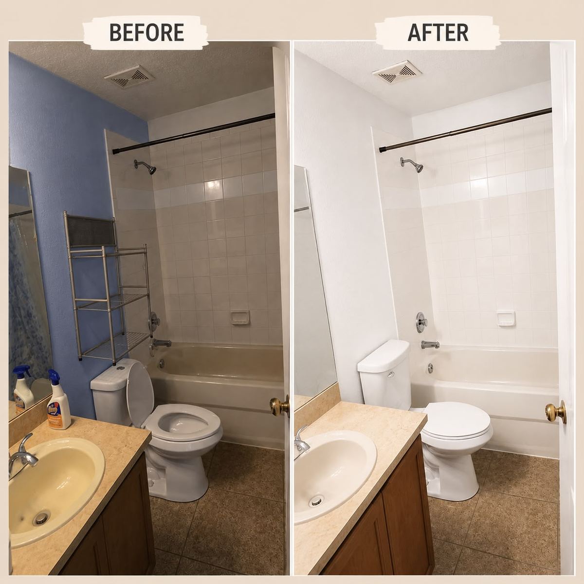 Before and after bathroom painting in Lakeland, Florida: blue accent wall repainted white by Cesana Painting