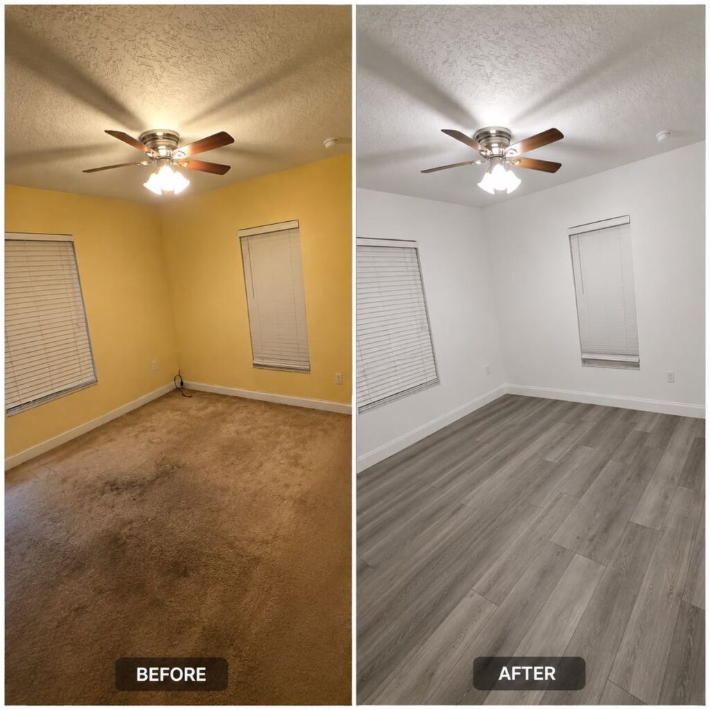 Before and after interior painting in Lakeland, Florida: bedroom walls repainted from yellow to white by Cesana Painting