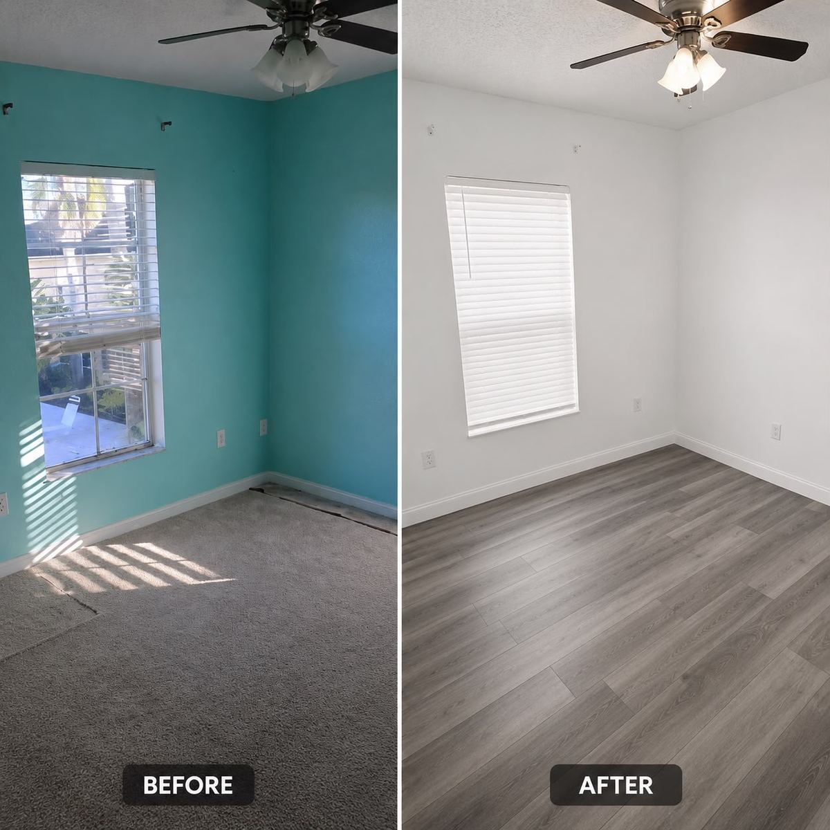 Before and after interior painting in Lakeland, Florida: bedroom walls repainted from teal to white by Cesana Painting