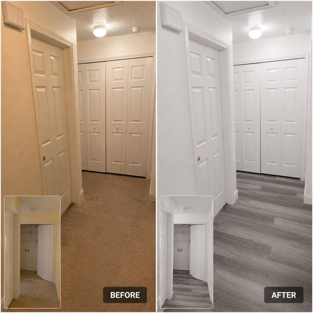 Before and after painting in Lakeland, Florida: hallway walls, doors and trim repainted white by Cesana Painting